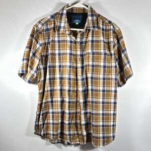 BEM Men's Plaid Short Sleeve Button-Up Shirt w/ Pockets Size L Brown Blue